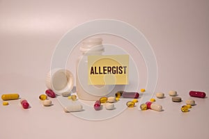 a doctor showing a signboard with the word allergy written in it