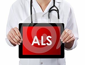 Doctor showing tablet with ALS text.