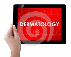 Doctor showing tablet with DERMATOLOGY text.