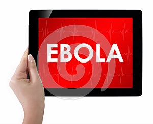 Doctor showing tablet with EBOLA text.