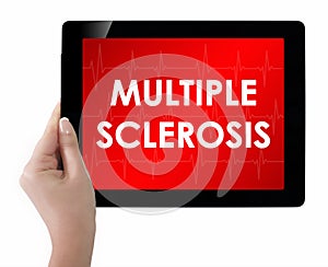 Doctor showing tablet with MULTIPLE SCLEROSIS text.