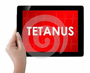 Doctor showing tablet with TETANUS text.