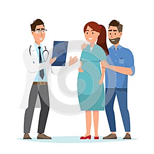 Doctor showing ultrasound sheet to pregnant woman and her husband at the hospital