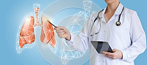 Doctor shows an interactive picture lungs. photo