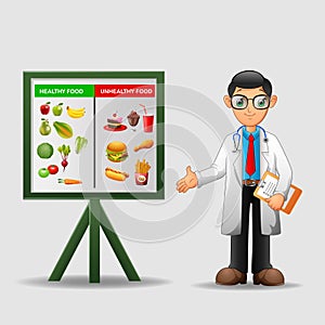 Doctor shows poster about dietetic healthy and unhealthy food