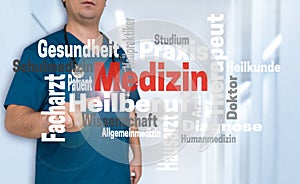 Doctor shows on viewer with Medizin in german medicine wordclo photo