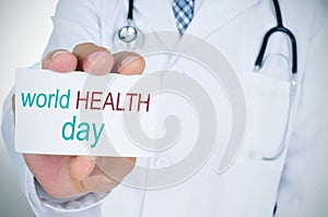 Doctor with signboard with text world health day