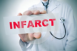 Doctor with a signboard with the word infarct