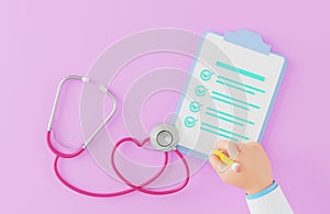 Doctor signing health checklist, medical check up report, annual health check concept, stethoscope on pink background