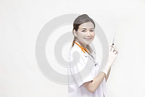 Doctor with smile which preparation syringe and  needle vaccination for a operation  on white background