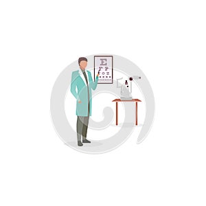 Doctor with snellen eye chart flat vector illustration. Ophthalmologist checking visual acuity. Optician pointing on vision test