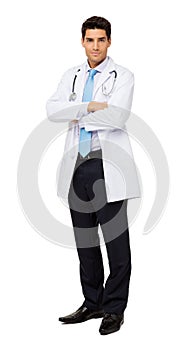 Doctor Standing Arms Crossed Against White Background