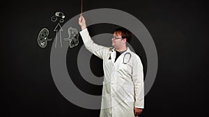 Doctor standing at chalkboard illustrates problems with renal system and necessity of taking pills