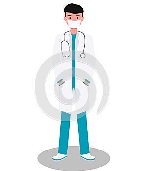 a doctor is standing in medical mask on white background.