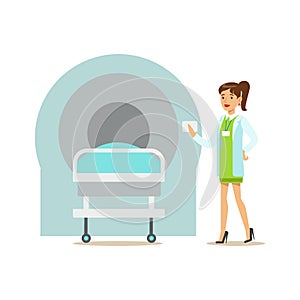 Doctor Standing Next To MRI Magnetic Resonance Machine, Hospital And Healthcare Illustration