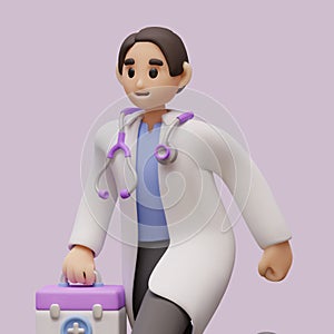 Doctor with stethoscope around his neck, running, holding first aid kit