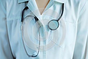 Doctor with a stethoscope around his neck in white medical coat close-up