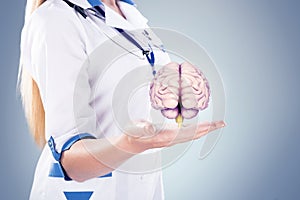 Doctor with stethoscope and brains on the hands . gray background.
