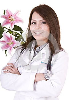 Doctor with stethoscope and flower.