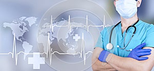Doctor with stethoscope, Health concept with correct cardiogram and pulse line on abstract digital background and world map