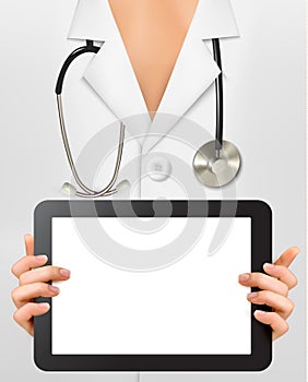 Doctor with stethoscope holding blank digital tabl