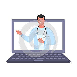 Doctor with stethoscope on the laptop screen. Modern Health Care Services