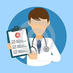 Doctor with stethoscope and medical test. Medic icon in flat style. Health care services concept. Banner with online doctor