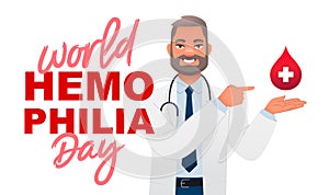 Doctor with a stethoscope points to a drop of blood hanging over his arm. World Hemophilia Day. Blood clotting disorder.Doctor