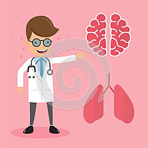 Doctor with Stethoscope Presentation Brain and Lungs. Healthcare Concept Vector Illustration Flat Style.
