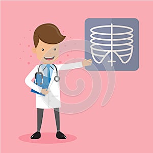 Doctor with Stethoscope Presentation X-Ray Film. Healthcare Concept Vector Illustration Flat Style.