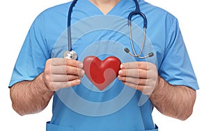 Doctor with stethoscope and red heart on white background, closeup. Cardiology concept