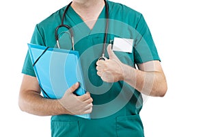 Doctor with stethoscope showing thumb up