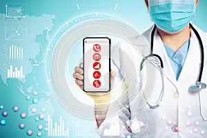 Doctor with stethoscope and smart phone in hand for medical exam concepts