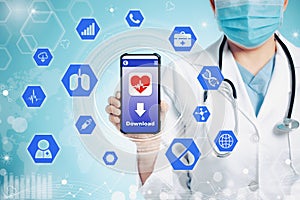 Doctor with stethoscope and smart phone in hand for medical exam concepts