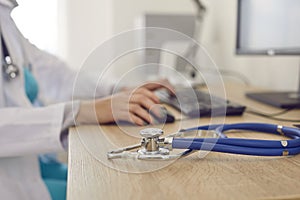 Doctor stethoscope on table in private hospital