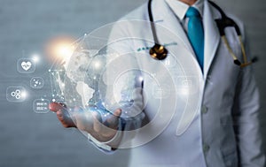 Doctor and stethoscope touching icon medical network connection with modern virtual screen interface