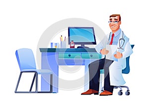 Doctor with stethoscope at workplace desk computer