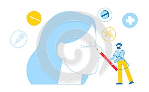 Doctor Surgeon Character Examining Patient Nose before Rhinoplasty Surgery, Drawing Red Dotted Line with Marker