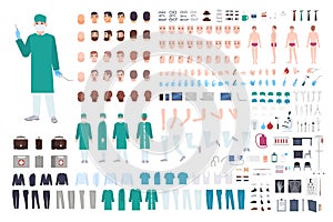 Doctor, surgeon or paramedic constructor or DIY kit. Collection of male physician body parts, facial expressions photo