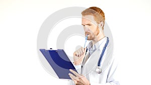 Doctor, surgeon reading medical reports , white background