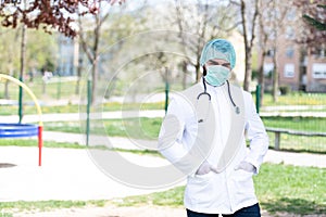 Doctor With Surgical Mask and Gloves Outside