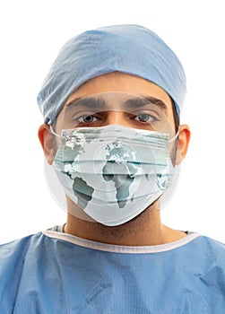 Doctor with surgical mask isolated on white background. Medical staff protective gear against coronavirus COVID 19