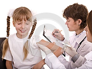 Doctor with syringe inject inoculation to child.
