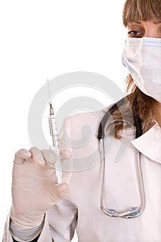 Doctor with syringe and stethoscope. Vaccination.