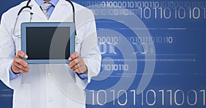 Doctor with tablet against white binary code and blue background