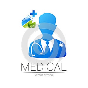 Doctor and tablet pill, leaf vector logotype in blue, green color. Silhouette medical man. Logo for clinic, hospital
