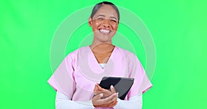 Doctor, tablet and woman on green screen in telehealth, healthcare service and hospital management or nursing. Happy