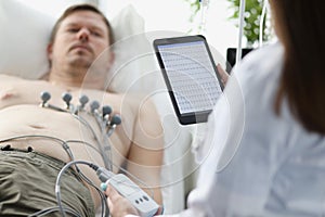 Doctor taking cardiogram to patient on couch in clinic closeup