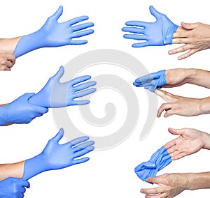 Doctor taking off her blue medical gloves. White background