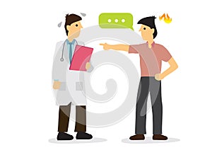 Doctor talking with his angry patient or patient relative in a hospital. Concept of healthcare system or medical occupation